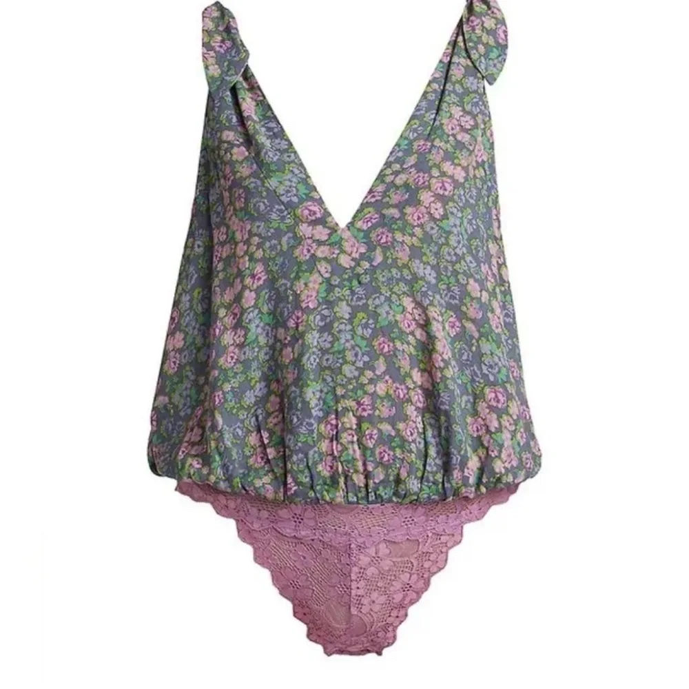 NWT Free People Bare It All Bodysuit Chambray Combo Floral Draped Boho top